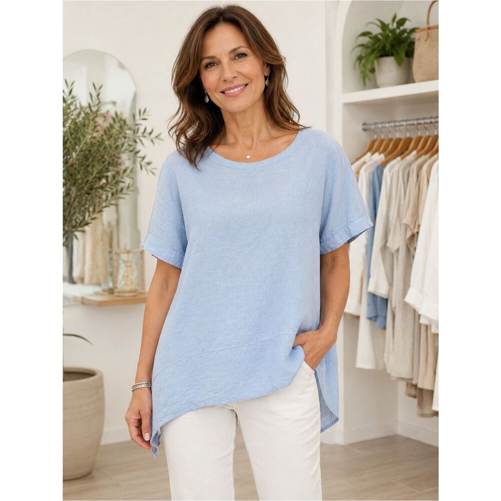 Lord & Taylor Linen Light Blue Relaxed Fit Short Sleeve Top Size XL - Picture 1 of 8